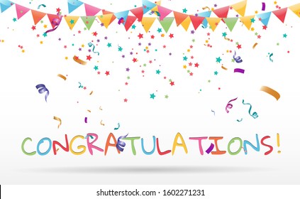 Congratulatory banner with colored confetti and stars on a transparent background.Vector illustration.