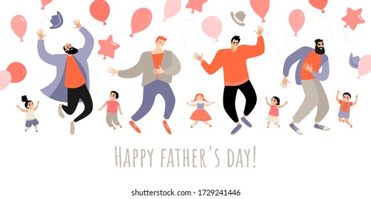 Congratulatory banner for Father's Day with funny daddies and kids jumping and having fun, isolated on white background. Vector illustration with cartoon characters in a flat style.