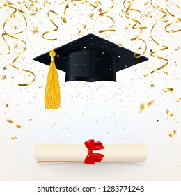 congratulatory banner with a graduate cap, diploma and falling golden confetti