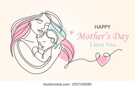 
congratulatory banner with happy mother's day. beautiful woman with long hair and little child on her chest. vector illustration isolated