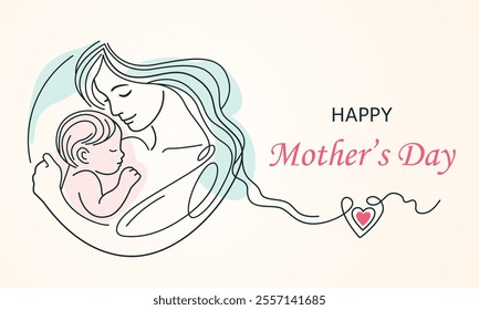 congratulatory banner with happy mother's day. beautiful woman with long hair and little child on her chest. vector illustration isolated