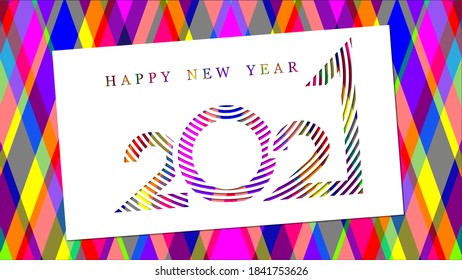 Congratulatory banner Happy New Year 2021. Paper cut numbers of the year on colorful background. Vector