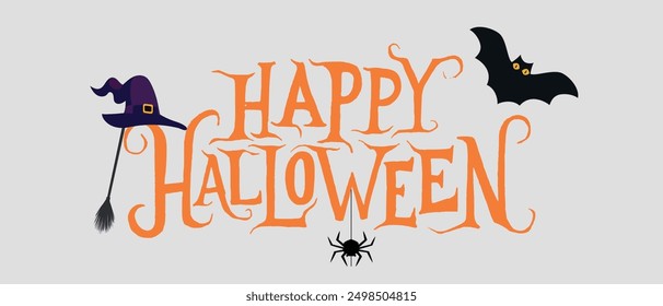 Congratulatory banner, with the inscription Happy Halloween, with decorative elements, bat, hat, witch's broom, spider.
