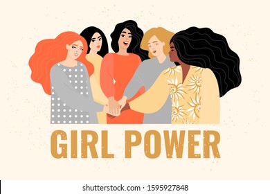 Congratulatory banner for International Women's Day. Vector illustration with women different nationalities holding hands. Beautiful girls in profile