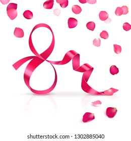 congratulatory banner  march 8 with satin ribbon and rose petals on white background
