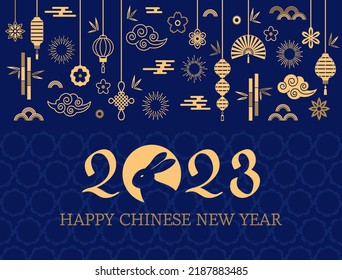 Congratulatory banner or postcard. 2023 is the year of the rabbit according to the Chinese zodiac. Chinese flowers, lanterns, fans, clouds, bamboo as scenery. golden vector illustration isolated 