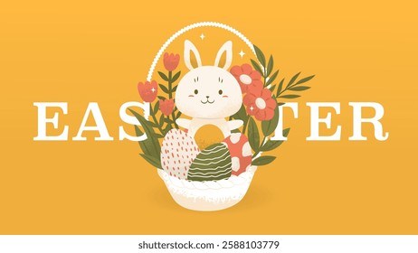 Congratulatory banner or postcard for Easter. Charming bunny in a basket with flowers and painted eggs. Celebration of the Christian holiday. Warm cozy drawing. Vector illustration.