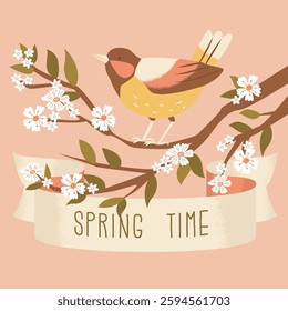 Congratulatory banner for spring season. Bird sitting on blossoming branch and ribbon cartouche with inscription spring time. Awakening of nature. Vector illustration isolated on pink background.