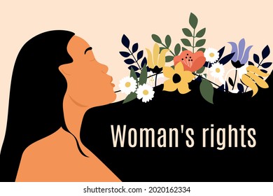 Congratulatory banner for women's rights day. Woman with long hair and flowers on the poster. Greeting card, banner, template, poster. Vector flat and vintage illustration.