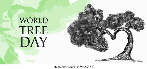 Congratulatory banner for WORLD Tree Day. Tree planting day. Pencil-drawn bonsai