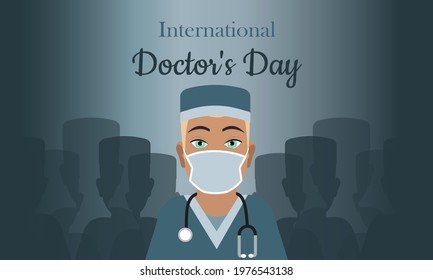 Congratulatory blue card Happy Doctor's Day. A man in medical uniform and with a stethoscope. Medical worker at the hospital. A poster during the period of coronavirus infection in the world. Vector.