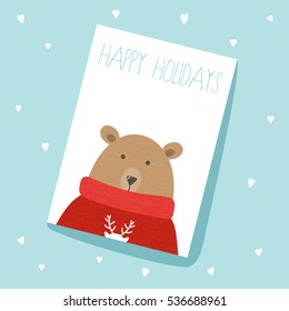 Congratulatory card with cute bear on blue background.
