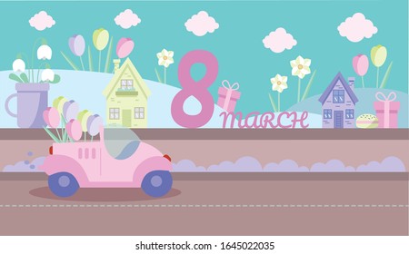 Cartel de felicitación por el Día Internacional de la Mujer. Ilustración vectorial con tulipanes, nevadas y narcisos. Flores de primavera en tonos pastel. Tarjeta de saludo para el 8 de marzo.