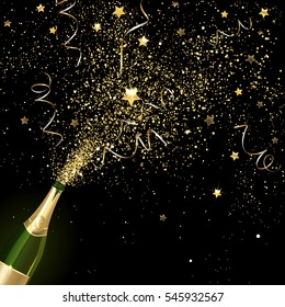 congratulatory champagne with gold confetti on a black background