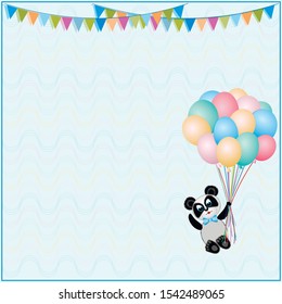 Congratulatory children's illustration with the image of a Panda flying on colorful balls on a blue background
