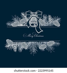 congratulatory christmas card with fir branches, cones in white pencil sketch style on dark blue background