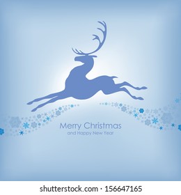 Congratulatory Christmas card with silhouette beautiful prancing reindeer and background of snowflakes