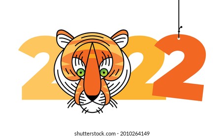Congratulatory Christmas card. Tiger as a symbol of the New Year 2022. The head of the predator between the numbers. Christmas tree toy in the form of number two. Date for the calendar.
