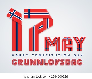 Congratulatory design for 17 May, Norway Constitution Day. Text made of bended ribbons with Norwegian flag colors. Translation of Norwegian inscription: Constitution Day. Vector illustration.