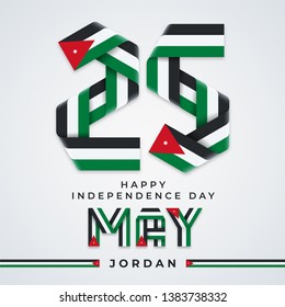 Congratulatory design for 25 May, Jordan Independence Day. Text made of bended ribbons with Jordan flag colors. Vector illustration.