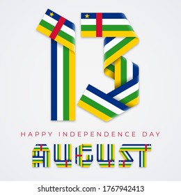 Congratulatory design for August 13, Independence Day of Central African Republic. Text made of bended ribbons with Central African flag colors. Vector illustration.