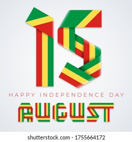 Congratulatory design for August 15, Republic of the Congo Independence Day. Text made of bended ribbons with congolese flag elements. Vector illustration.