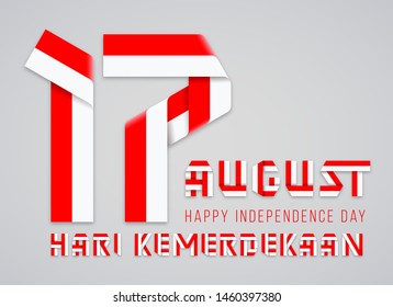 Congratulatory design for August 17, Indonesia National Day. Text made of bended ribbons with Indonesian flag colors. Translation of Indonesian inscription: Independence day. Vector illustration.