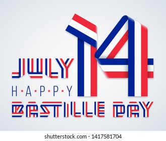 Congratulatory design for July 14, France National Day - Bastille day. Text made of bended ribbons with French flag colors. Vector illustration.