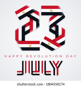 Congratulatory design for July 23, Revolution day of Egypt. Text made of bended ribbons with egyptian flag elements. Vector illustration.