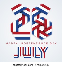 Congratulatory design for July 26, Independence Day of The Netherlands. Text made of bended ribbons with flag of the Netherlands colors. Vector illustration.