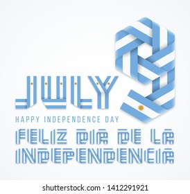 Congratulatory design for July 9 Argentina Independence Day. Text made of bended ribbons with Argentinean flag elements. Translation of Spanish inscription: Happy Independence day. Vector illustration