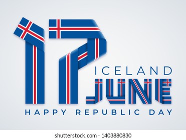 Congratulatory design for June 17, Republic Day of Iceland. Text made of bended ribbons with Icelandic flag elements. Vector illustration.