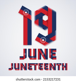 Congratulatory design for June 19, Juneteenth National Independence Day. Text made of folded ribbons with Juneteenth flag elements. Vector illustration.