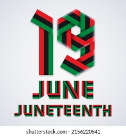 Congratulatory design for June 19, Juneteenth National Independence Day. Text made of folded ribbons with Pan-African flag colors. Vector illustration.