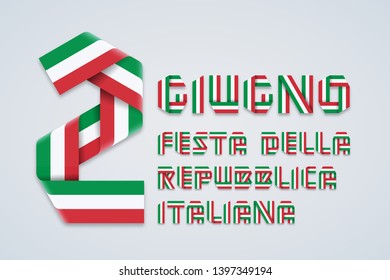 Congratulatory design for June 2, Italy Republic Day. Text made of bended ribbons with Italian flag colors. Translation italian inscription: Second of June, Italian Republic Day. Vector illustration.