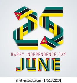 Congratulatory design for June 25, Independence Day of Mozambique. Text made of bended ribbons with Mozambican flag elements. Vector illustration.