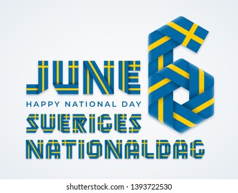 Congratulatory design for June 6, Sweden National Day. Text made of bended ribbons with Swedish flag colors. Translation of Swedish inscription: National Day of Sweden. Vector illustration.