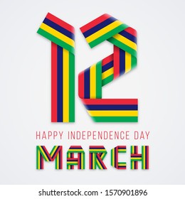 Congratulatory design for March 12, Mauritius Independence Day. Text made of bended ribbons with Mauritian flag colors. Vector illustration.