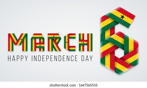 Herzlichen Glückwunsch zum 6. März, Ghana Independence Day. Text aus Bänderbändern mit Ghana-Fahndungselementen. Vektorillustration.