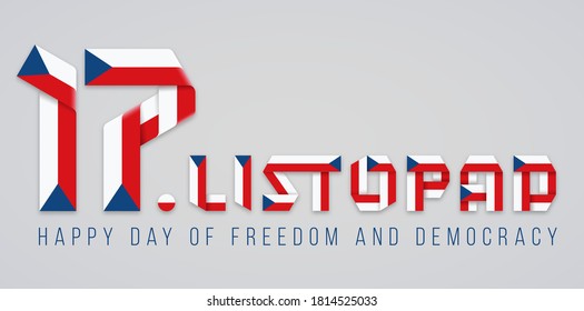 Congratulatory design for November 17, Czech Republic Freedom and Democracy Day. Text made of folded ribbons with Czech flag colors. Czech title - 17 of November. Vector illustration.