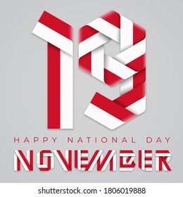 Congratulatory design for November 19, Monaco Independence Day. Text made of bended ribbons with monegasque flag colors. Vector illustration.