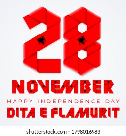 Congratulatory design for November 28, Albania Independence Day. Text made of bended ribbons with Albanian flag elements. Albanian inscription: Flag Day. Vector illustration.