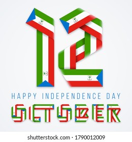 Congratulatory design for October 12, Independence Day of Equatorial Guinea. Text made of bended ribbons with Guinean flag colors. Vector illustration.