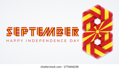 Diseño de felicitaciones para el 8 de setiembre, Día de la Independencia de Macedonia del Norte. Texto hecho de cintas dobladas con elementos de la bandera macedonia. Ilustración vectorial.
