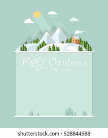 Congratulatory form with the New Year and Christmas. Winter landscape mountains snow-capped hills. flat vector illustration