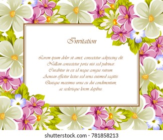 Congratulatory frame of flowers . For design textures, postcards, greeting cards for birthday, wedding, Valentine's day, holiday, celebration, party. Vector illustration