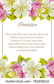 Congratulatory frame of flowers . For design textures, postcards, greeting cards for birthday, wedding, Valentine's day, holiday, celebration, party. Vector illustration