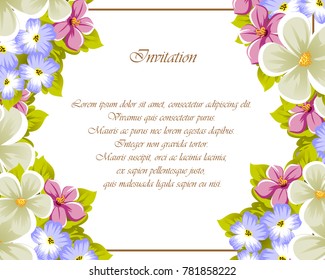 Congratulatory frame of flowers . For design textures, postcards, greeting cards for birthday, wedding, Valentine's day, holiday, celebration, party. Vector illustration