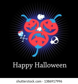 Congratulatory Halloween card with funny red pumpkins on a dark background