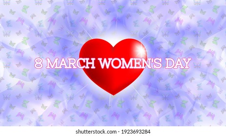 Congratulatory holiday card. March 8th womens day. Red heart with radiant glow and butterflies on wavy cloudy foggy background